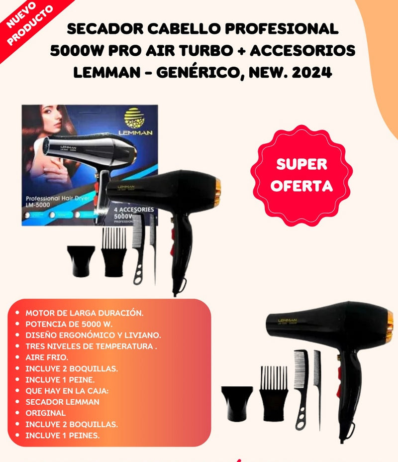 Secador Cabello Profesional 5000w Pro Air Turbo + Accesorios Lemman Genérico